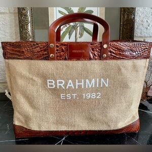 Brahmin 🥥🌴MEREDITH🌴🥥Burlap and Leather Signature Tote